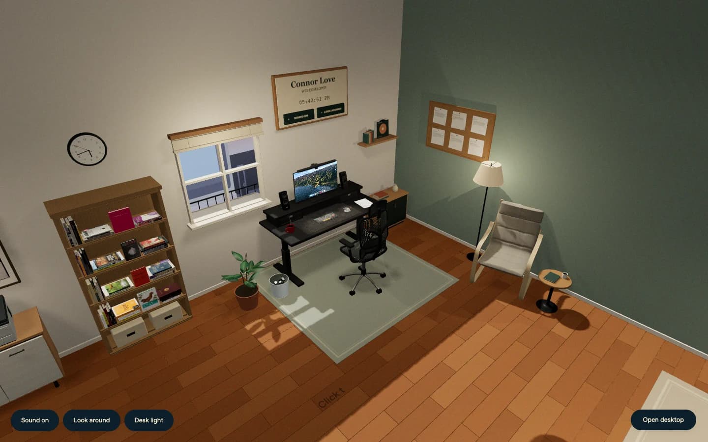 An overview of the room with my desk, computer, bookshelf, reading chair, and project pinboard.