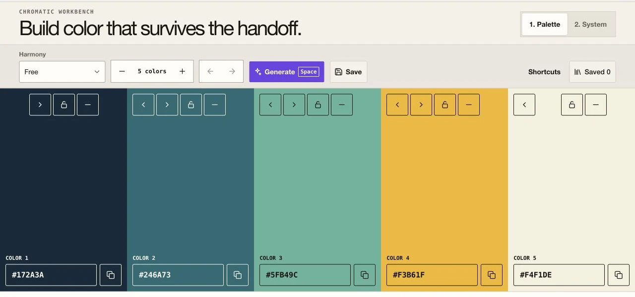 Clove Colors palette builder with five editable color columns