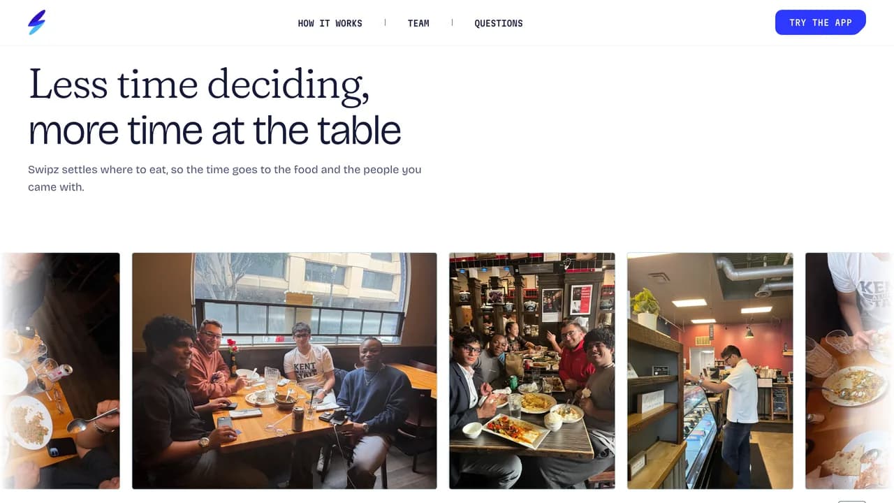 Swipz section titled Less time deciding, more time at the table, with photos of friends sharing meals