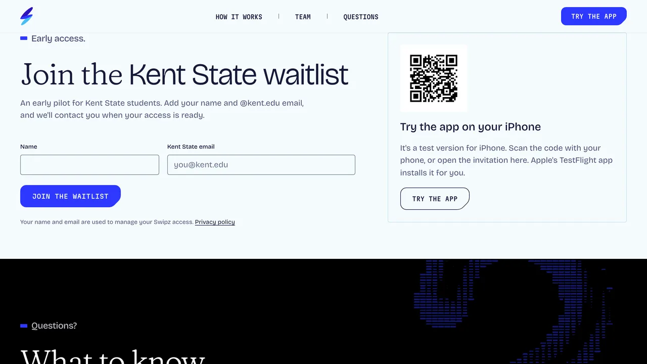 Swipz early access section with the Kent State waitlist form and a TestFlight QR code for the iPhone app