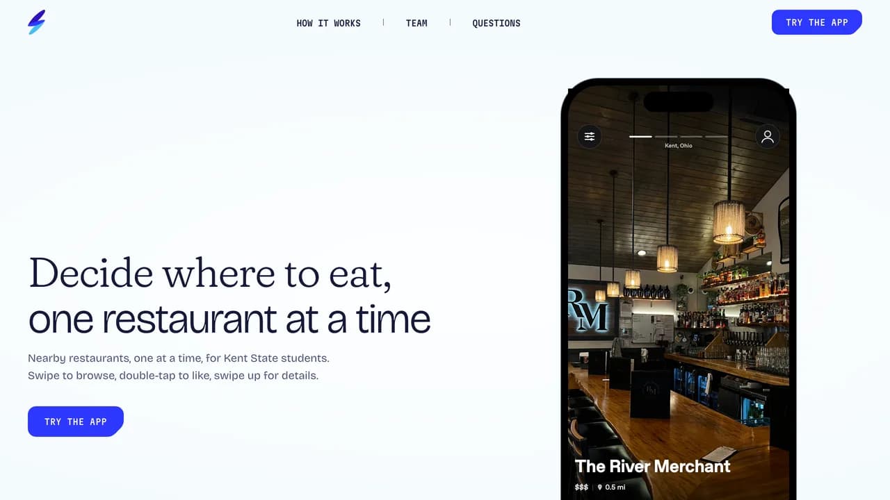 Swipz landing page with the headline Decide where to eat, one restaurant at a time beside the app showing a restaurant card