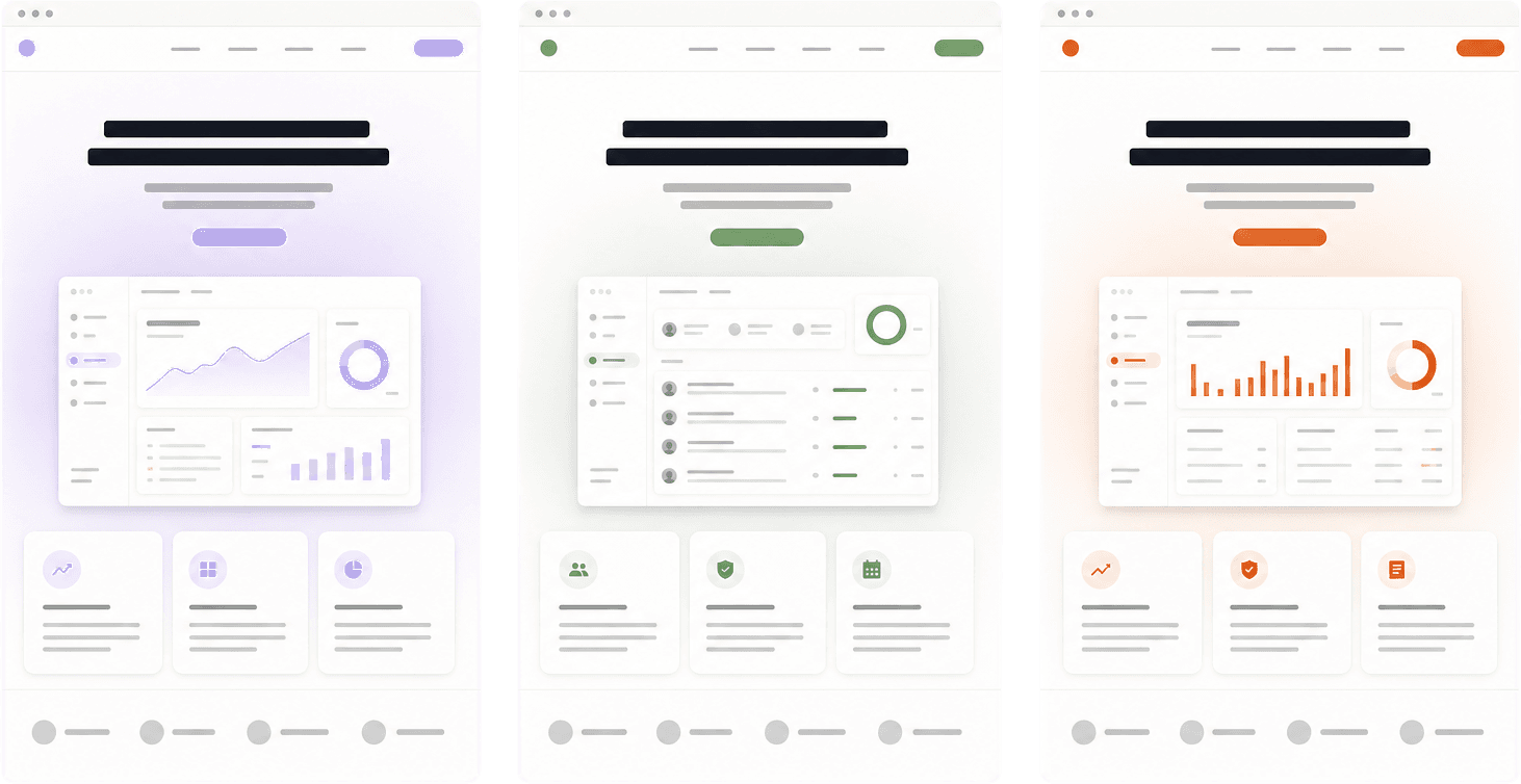 Three fictional product websites with different accent colors but nearly identical layouts