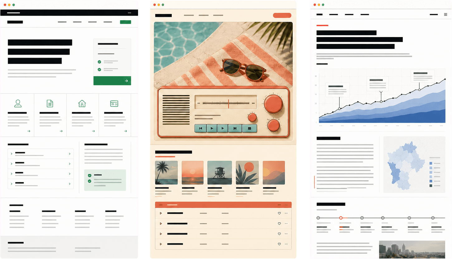 Three interface studies shaped by public service, music discovery, and visual journalism