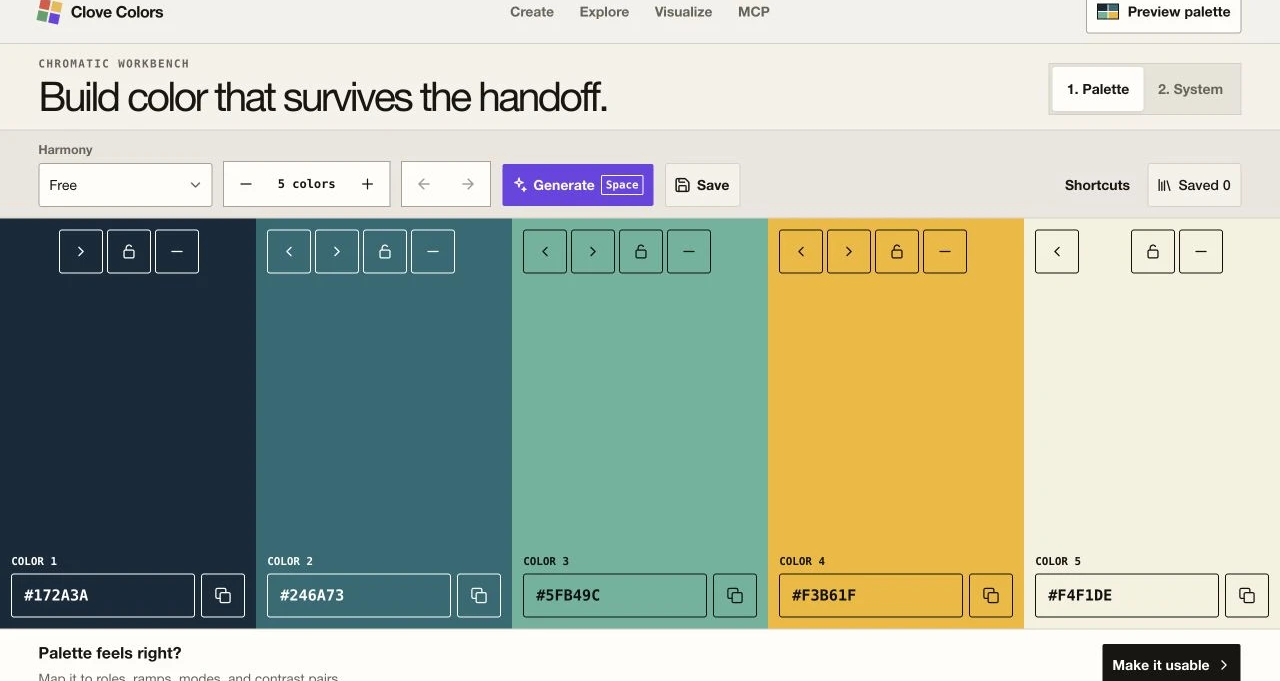 Clove Colors palette builder with controls for harmony, color count, history, generation, and saving