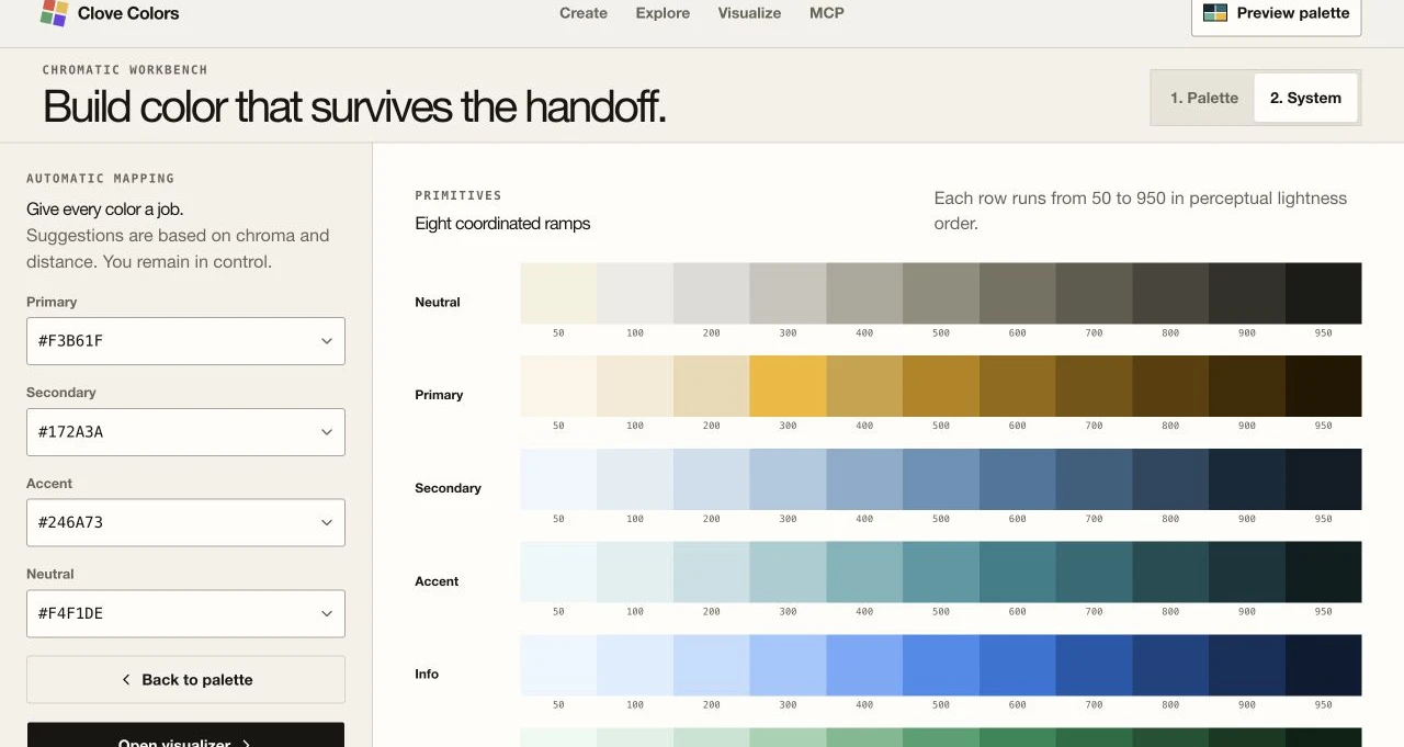 Clove Colors system builder showing semantic color roles and coordinated color ramps