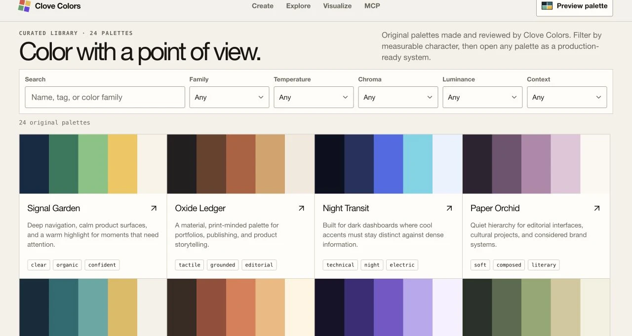 Clove Colors curated palette library with search and measurable filters