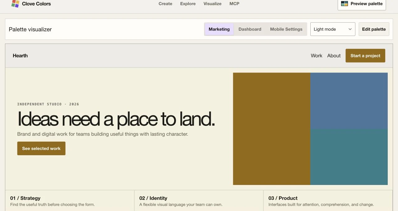 Clove Colors visualizer applying a palette to a sample marketing page