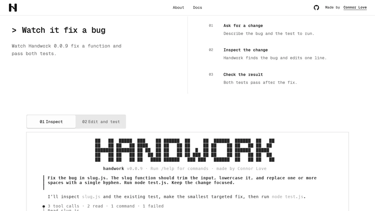 Handwork terminal recording fixing a bug in slug.js, with the steps ask, inspect, and check the result