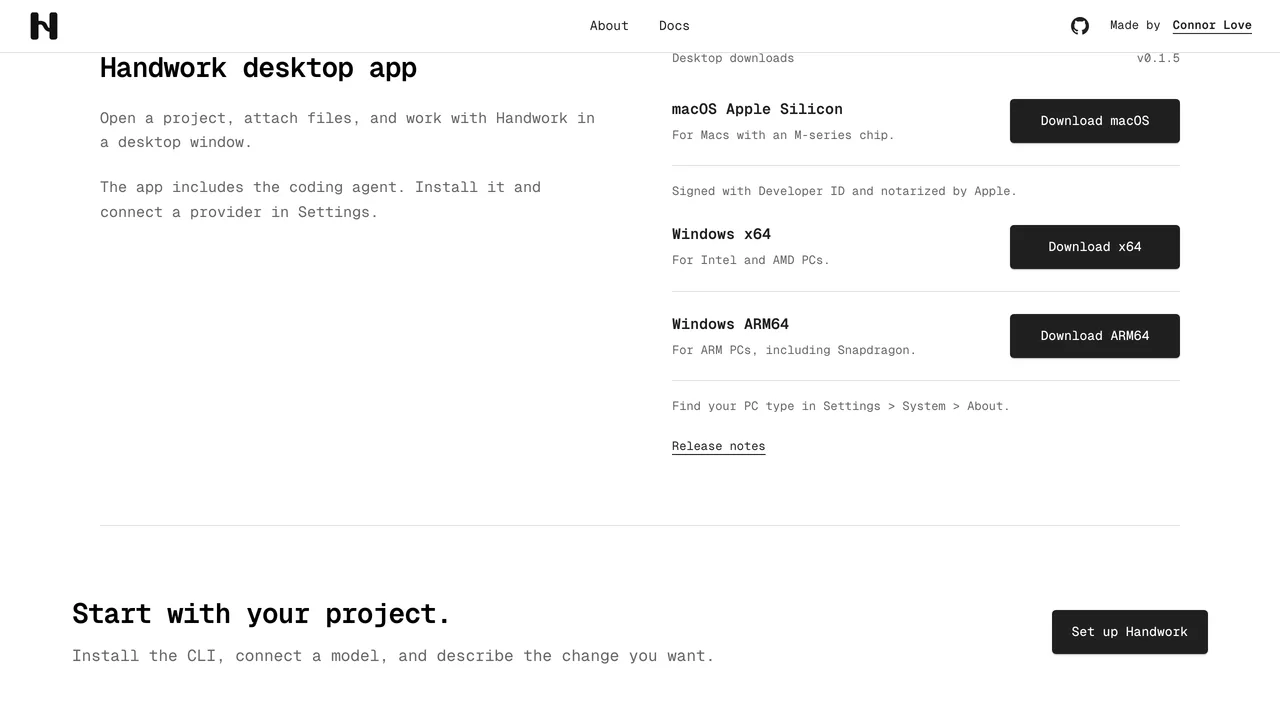 Handwork desktop app downloads for macOS Apple Silicon, Windows x64, and Windows ARM64