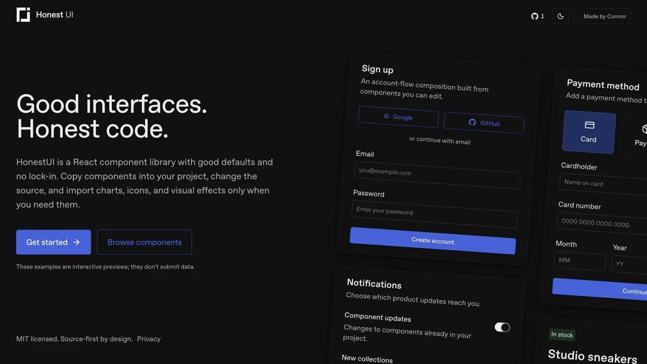 HonestUI landing page showing its source-first React component library and interactive account interface previews
