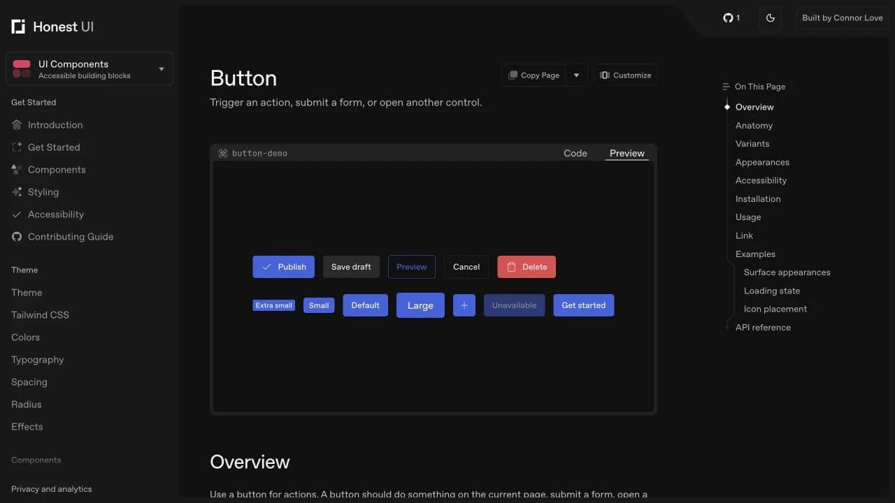 HonestUI Button documentation with interactive previews for button variants, sizes, disabled states, and links