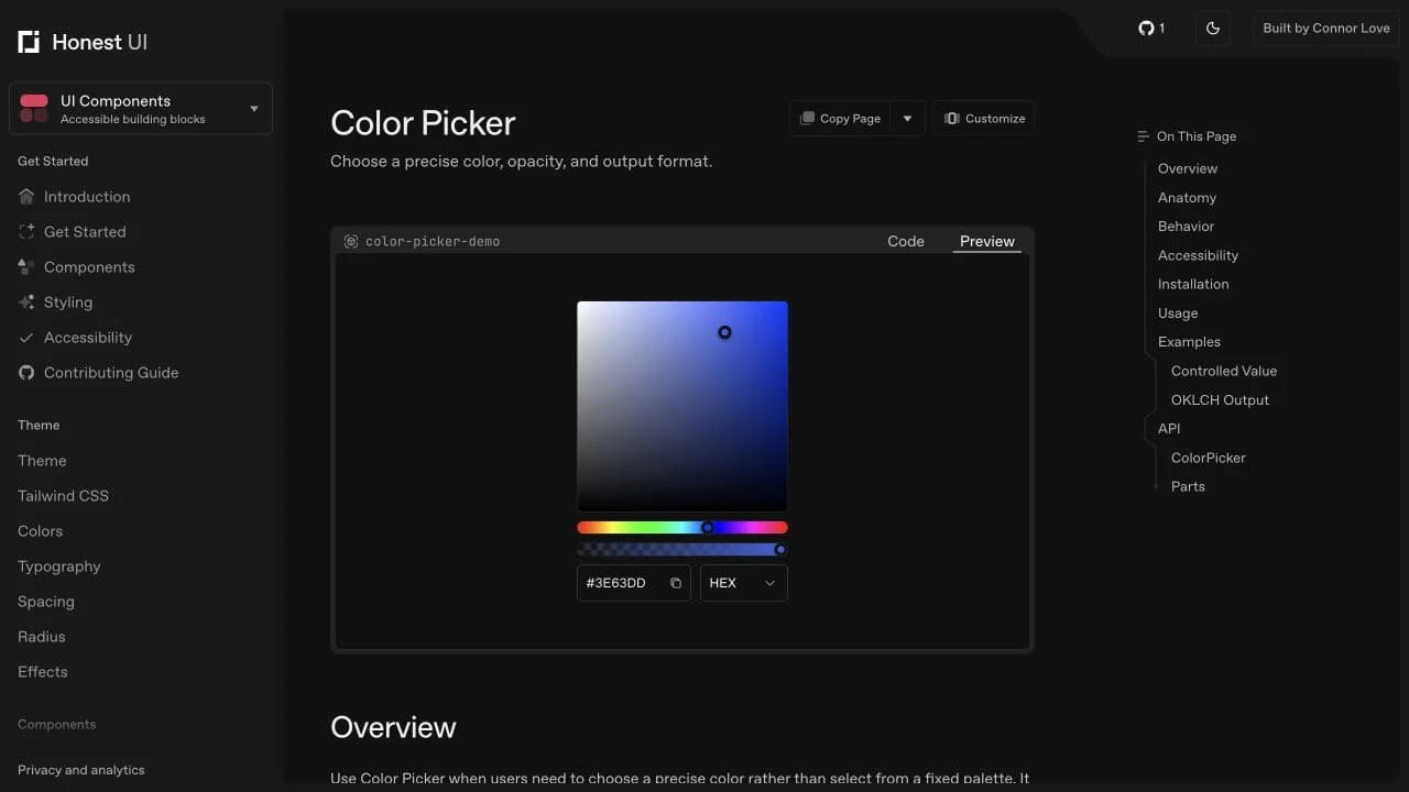 HonestUI Color Picker documentation with an interactive saturation field, hue and opacity controls, and color output